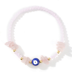 Розовый Кварц Браслеты из натурального розового кварца, латуни, украшенные оберегом от сглаза и стеклянными бусинами, для повседневного ношения., 6.89 дюйм (17.5 см)