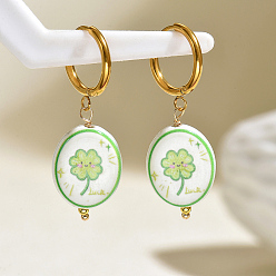 Dark Sea Green Hand Painted 201 Stainless Steel Hoop Earrings, Handmade Procelain Oval with Clover Pattern Dangle Earrings for Women, Gloden, Dark Sea Green, 48x17.7mm