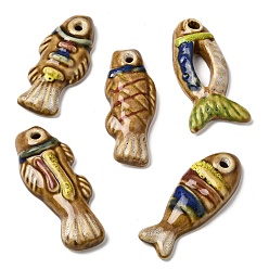 Pérou Grands pendentifs en porcelaine peints à la main, charmes de poissons, Pérou, 65~72x25~32.5x10.5~11.5mm, Trou: 3.5~5.5mm