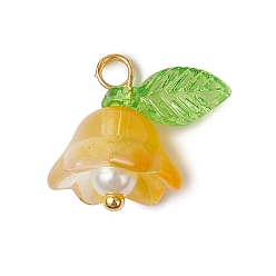 Золотистый Стеклянные прелести, цветок, с акриловыми и пластиковыми бусинами, имитирующими жемчуг, и золотистой латунной петлей, золотые, 13.5x13x11 мм, отверстие : 2 мм