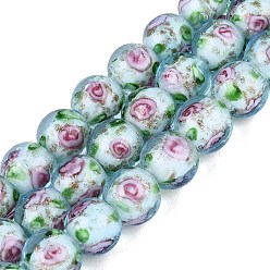 Светло-голубой Светящиеся нити из бусин ручной работы, изготовленных методом выдувания стекла и с использованием блестящей пудры., круглые, с внутренним цветок, светится в темноте, светло-голубой, 9.5~10 мм, отверстие : 1~1.6 мм, около 40 шт / нитка, 13.78~14.37 дюйм (35~36.5 см)