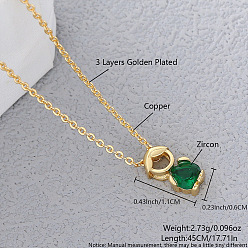 Темно-Зеленый Латунный паве сердце кубический цирконий мальчик кулон кабель цепочка ожерелья, золотые, темно-зеленый, 17.72 дюйм (45 см)