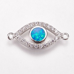 Blue Brass Micro Pave Cubic Zirconia Links, with Synthetic Opal, Eye, Platinum, Blue, 9x20x3mm, Hole: 1mm