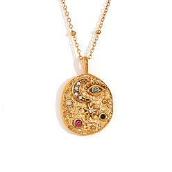 Real 18K Gold Plated 304 Stainless Steel Colorful Rhinestone Oval with Moon Star Pendant Necklaces for Women, Real 18K Gold Plated, 15.75 inch(40cm)