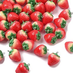 Красный Непрозрачные подвески смолы, клубника, с железной платиной петлей, красные, 29x21 мм, отверстие : 1.8 мм