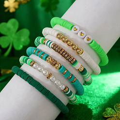 (52) Непрозрачная лаванда Эластичные браслеты из полимерной глины с бусинами хейши и латунными бусинами для повседневной носки и создания непринужденного стиля., золотые, разноцветные, 6.89 дюйм (17.5 см)