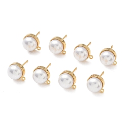 Real 18K Gold Plated SHEGRACE Brass ABS Imitation Pearl Half Round Stud Earring Findings, Cadmium Free & Nickel Free & Lead Free, with Loop, Real 18K Gold Plated, 11x9mm, Hole: 1.2mm