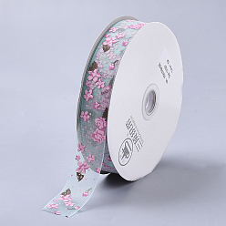 Pale Turquoise Flower Pattern Printed Polyester Organza Ribbons, Pale Turquoise, 1 inch(25mm), about 100yards/roll