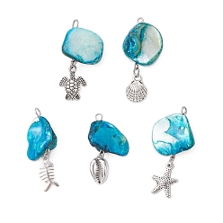 Античное Серебро 5шт. 5 стили натуральные пресноводные ракушки окрашенные самородки подвески, океан сплав морские животные подвески, глубокое синее небо, античное серебро, 34~40x13~20x5~9 мм, отверстие : 1.8~3 мм, 1 шт / стиль