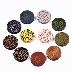 Mixed Color Painted Natural Wood Beads, Laser Engraved Pattern, Flat Round with Leopard Print, Mixed Color, 20x5mm, Hole: 1.5mm