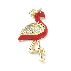 Красный Латунные микро проложить кубического циркония подвески, с эмалью, долговечный, стойки покрытие, без свинца и без кадмия, прелести фламинго, реальный 18 k позолоченный, красные, 23.5x13x4 мм, отверстие : 3 мм