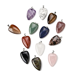 Смешанные камни Природные каменные смешанные подвески, подвески-сердечки с 304 защелками из нержавеющей стали, цвет нержавеющей стали, смешанные окрашенные и неокрашенные, 41~43x25~26x8.5~10 мм, отверстие : 4.5x7.5 мм