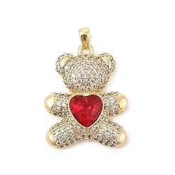 Rouge Micro cuivres ouvrent pendentifs zircone cubique, ours, crémaillère plaquage, plaqué longue durée, sans plomb et sans cadmium, rouge, 26.5x21x6.5mm, Trou: 3.5x2mm