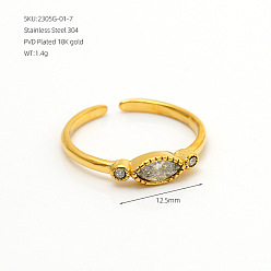 Claro 304 Brazalete abierto de acero inoxidable con circonitas cúbicas engastadas, ojo del caballo, dorado, Claro, diámetro interior: 15~20 mm
