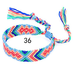 Light Sky Blue Cotton Braided Rhombus Pattern Cord Bracelet, Ethnic Tribal Adjustable Brazilian Bracelet for Women, Light Sky Blue, 5-7/8~14-1/8 inch(15~36cm)