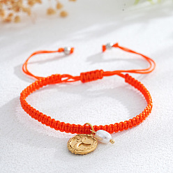 Оранжево-Красный Браслеты с подвесками из латуни и искусственного жемчуга, плетеные браслеты из полиэфирного шнура для женщин, овальные с листа, оранжево-красный, 11.02 дюйм (28 см)