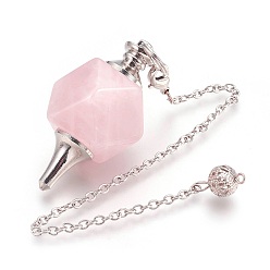 Розовый Кварц Биолокационные маятники из натурального розового кварца, с латунной фурнитурой платинового цвета, многоугольник, граненые, 230 мм, отверстие : 1.6 мм