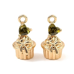 Цвет Оливы Латунные микро проложить кубического циркония подвески, сердце с подвесками для торта, реальный 18 k позолоченный, оливковый, 15x8.5x9.5 мм, отверстие : 1.6 мм