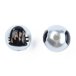 Black ABS Plastic Imitation Pearl Beads, with Enamel, Round with Ghost, Black, 12.5x12x11.5mm, Hole: 2mm