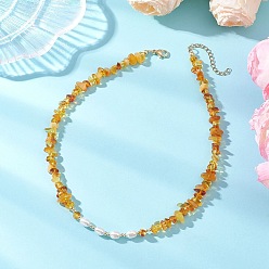 Янтарный Ожерелья из натурального жемчужного риса и натурального янтарного бисера., с 304 из нержавеющей стали Lobster Claw застежками, золотые, 16.14 дюйм (41 см)