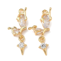Настоящее золото 18K Латунные микропаве прозрачные подвески с фианитом, цветок со звездой, реальный 18 k позолоченный, 25x10x7 мм, отверстие : 1.5 мм