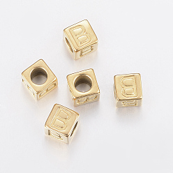 Golden 304 Stainless Steel Large Hole Letter European Beads, Horizontal Hole, Cube with Letter.B, Golden, 8x8x8mm, Hole: 5mm