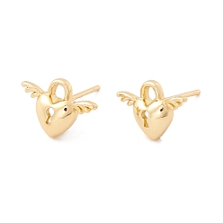 Real 18K Gold Plated Brass Heart Padlock with Wing Stud Earrings for Women, Lead Free & Cadmium Free, Real 18K Gold Plated, 9.5x13mm, Pin: 0.8mm