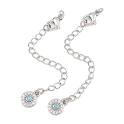 Platinum Brass Curb Chain Extender, End Chains with Lobster Claw Clasps and Cubic Zirconia Charms, Flat Round, Platinum, 74mm, Hole: 2.4mm