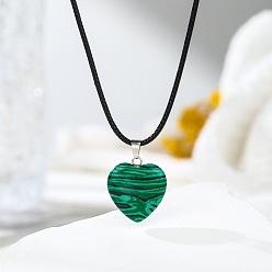 Малахит Подвеска в форме сердца из синтетического малахита на черном шнурке., украшения с целебными кристаллами для мужчин и женщин, платина, 17.32 дюйм (44 см)