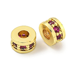 Фуксиновый Бусины-проставки из латуни с кубическим цирконием, долговечный, без свинца и без кадмия, плоско-круглые, красно-фиолетовые, 6x3.8 мм, отверстие : 2.8 мм