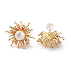 Real 18K Gold Plated Flower Natural Pearl Stud Earrings for Women, with Sterling Silver Pins, Real 18K Gold Plated, 22x22mm