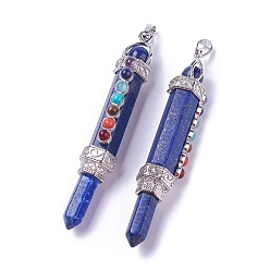Ляпис-Лазурь Чакра ювелирные изделия, природный лазурит подвески, с латунными находками и натуральным и синтетическим смешанным камнем, шестигранные призмы, платина, 84x14x16 мм, отверстие : 5x8 мм