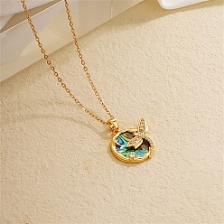 Dragonfly Модные латунные подвески-паве из натуральной ракушки пауа и прозрачного кубического циркония для повседневных вечеринок, золотые, стрекоза, 15.75 дюйм (40 см)