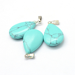 Synthetic Turquoise Teardrop Dyed Synthetic Turquoise Pendants, with Platinum Tone Brass Findings, 25~29x16~17x5~6mm, Hole: 2x7mm