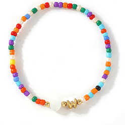 Letter W Красочные круглые браслеты из стеклянного бисера, эластичные, 304 Браслеты из нержавеющей стали с подвесками в виде ракушек для женщин, письмо и сердце, золотые, Буква W, 6.89 дюйм (17.5 см)