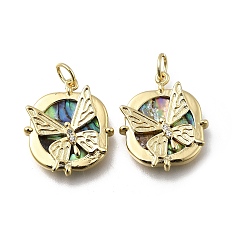 Настоящее золото 18K Латунные микро-паве прозрачные кубические цирконии с подвесками из натуральной ракушки пауа, квадрат с узором бабочки, без кадмия и без свинца, долговечный, стойки покрытие, с целью перехода в кольце, реальный 18 k позолоченный, 18.5x16.5x3.5 мм, отверстие : 3.5 мм