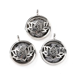 Снежный Обсидиан Подвески-медальоны из натурального обсидиана, плоские круглые прелести, с фурнитурой в виде лотоса из латуни с платиновым напылением, 31.5x27x9 мм, отверстие : 4.6 мм
