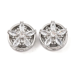 Pink Латунные микропаве из прозрачного кубического циркония, без кадмия, без никеля и без свинца, плоские круглые с цветком, розовые, 13x6 мм, отверстие : 1.6 мм