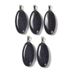Blue Goldstone Synthetic Blue Goldstone Pendants, with 304 Stainless Steel Snap on Bails, Oval Charm, 44x20x8mm, Hole: 7x4mm