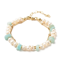 Flower Amazonite Natural Flower Amazonite & Pearl Beads Double Layered Bracelet, Reiki Bracelet with Link Chain, Golden, 7-1/8 inch(18cm)