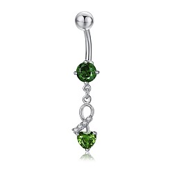 Grün Piercing-Schmuck, umweltfreundlicher kubischer Zirkiona-Nabelring aus Messing, Bauchringe, mit 304 Edelstahlleiste, Herz, grün, 42 mm, Anhänger: 20.5x8 mm, Stange: 14 Spurweite(1.6mm), Stangenlänge: 3/8"(10mm)