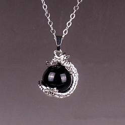 Black Onyx Natural Black Onyx(Dyed & Heated) Round Ball Pendants, Sphere Charms with Metal Dragon Wrapped, Platinum, 16mm