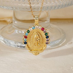 Разноцветный Ожерелья из латуни с подвеской в форме овала и кубическим цирконием с изображением Девы Марии для женщин, золотые, красочный, 15.75 дюйм (40 см)
