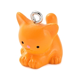 Cat Shape Непрозрачные подвески смолы, Подвески в виде животных с железными петлями с платиновым покрытием, форма кошки, 16.5x15.5x9 мм, отверстие : 2 мм