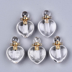 Хрусталь Природного кварца хрустальных подвесок, открываемый флакон духов, с фурнитурой латунной золотого тона, сердце, 33~34.5x22.5x12.5~13.5 мм, отверстие : 1.8 мм, емкость бутылки: 1 мл (0.034 жидких унций)