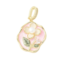 Pink Латунь эмаль подвески, с натуральным пресноводным жемчугом и застежкой из латуни с микропаве из кубических цирконий, плоская круглая с подвеской в виде цветка, розовые, 30x25x6 мм, отверстие : 7.5x5 мм