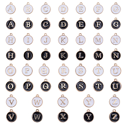 Letter A~Z Подвески из позолоченного сплава, эмалированные блестки, плоско-круглые с алфавитами , Письмо ~ Z, черные и белые, золотые, 14x12x2 мм, отверстие : 1.5 мм, 26 шт / комплект, 2 цветов, 1set / цвет, 2sets / коробка, 52 шт / коробка