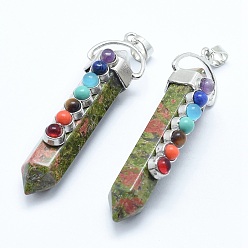 Унакит Чакра ювелирные изделия, подвески из натурального унакита с двойным заостренным концом, с фурнитурой из сплава природного и синтетического камня, пуля, платина, 58~61x16.5~18x15.5~16 мм, отверстие : 4.5x7.5 мм