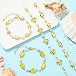 (52) Непрозрачная лаванда 4шт. 304 Браслеты-цепочки из нержавеющей стали и жемчуга для женщин, форма раковины каури, каплевидная форма, морская звезда и черепаха, разноцветные, 9.06~9.45 дюйм (23~24 см)