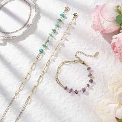 Смешанные камни 3 Браслеты из бусин с натуральным аметистом, розовым кварцем и синтетической бирюзой, 304 женские браслеты-цепочки со скрепками из нержавеющей стали, 7-1/2 дюйм (19 см)